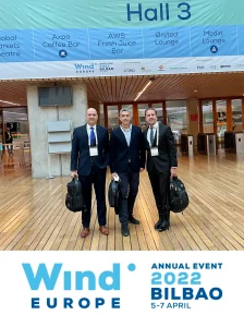 Alejandro Pardiñas, Iñaki Ridruejo and Nelson Carrodeguas, representing ABS Wind and Comerwind at Wind Europe Annual Meeting 2022 Bilbao