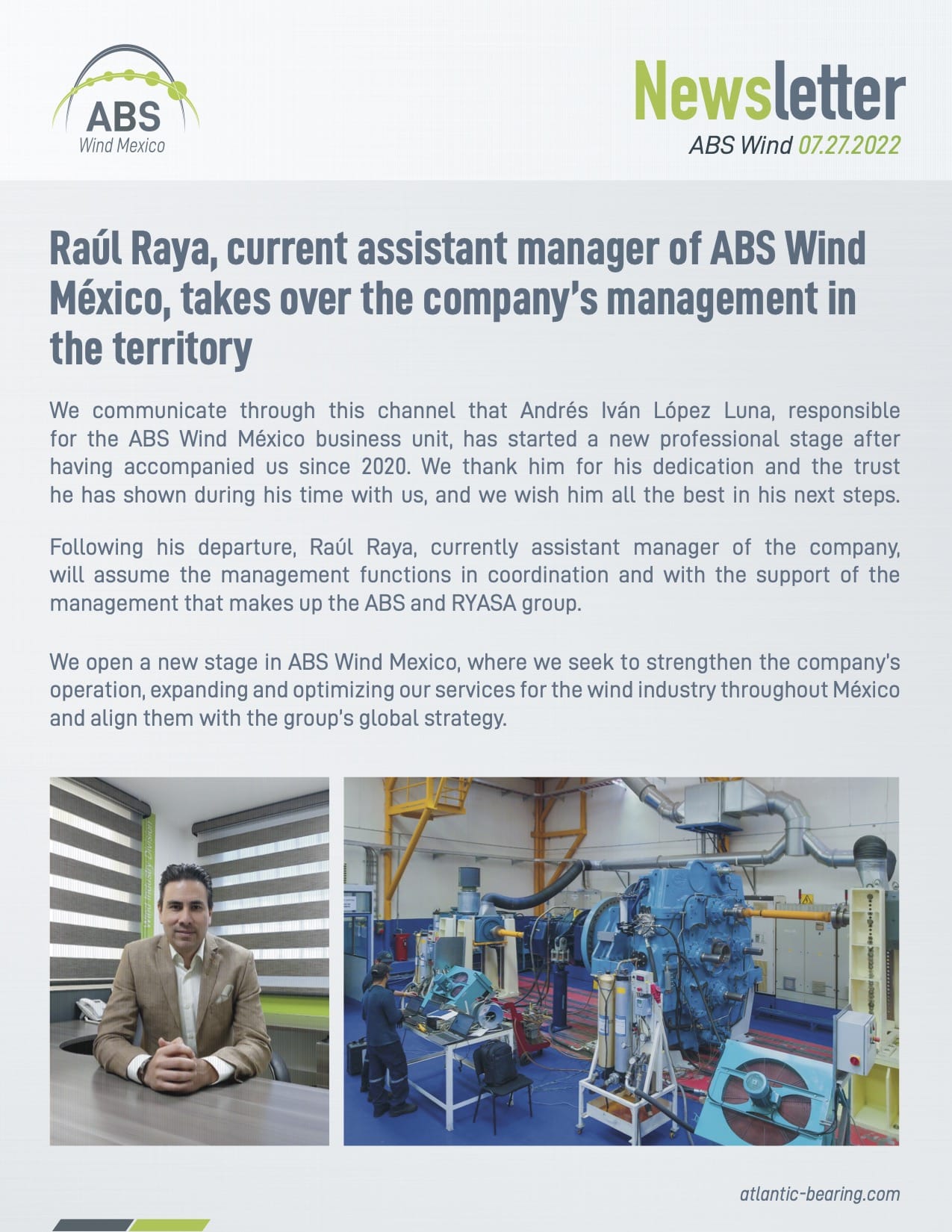 Raúl Raya, current assistant manager of ABS Wind México, takes over the company’s management in the territory
