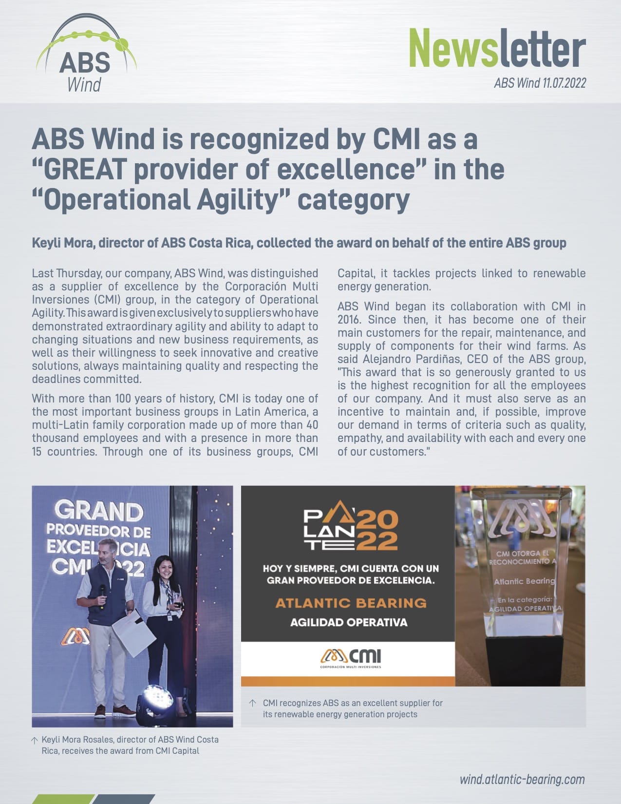 ABS Wind, was distinguished as a supplier of excellence by the Corporación Multi Inversiones (CMI) group, in the category of Operational Agility