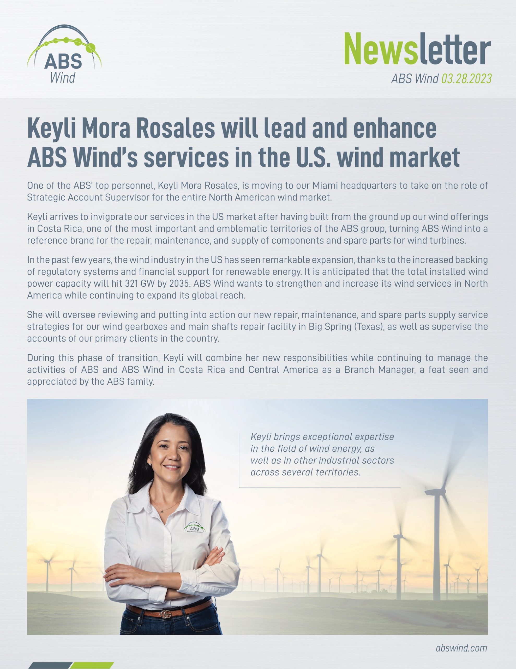 Keyli Mora Rosales will lead ABS Wind’s services in the U.S. wind market