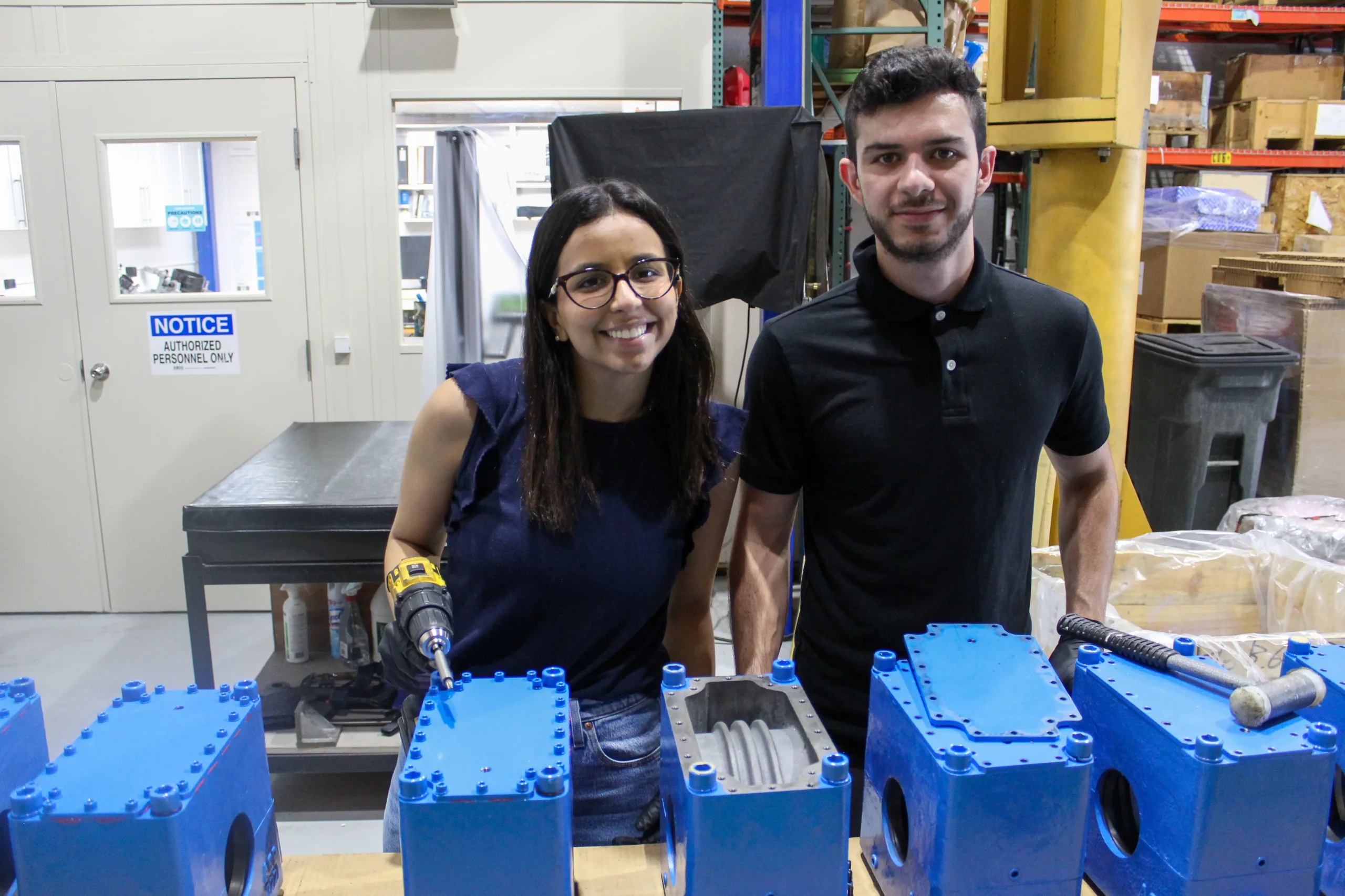 Trainee engineers, Elena Gómez and Simón Zuloaga, working in the quality control and assembly center at ABS Atlantic Bearing Services