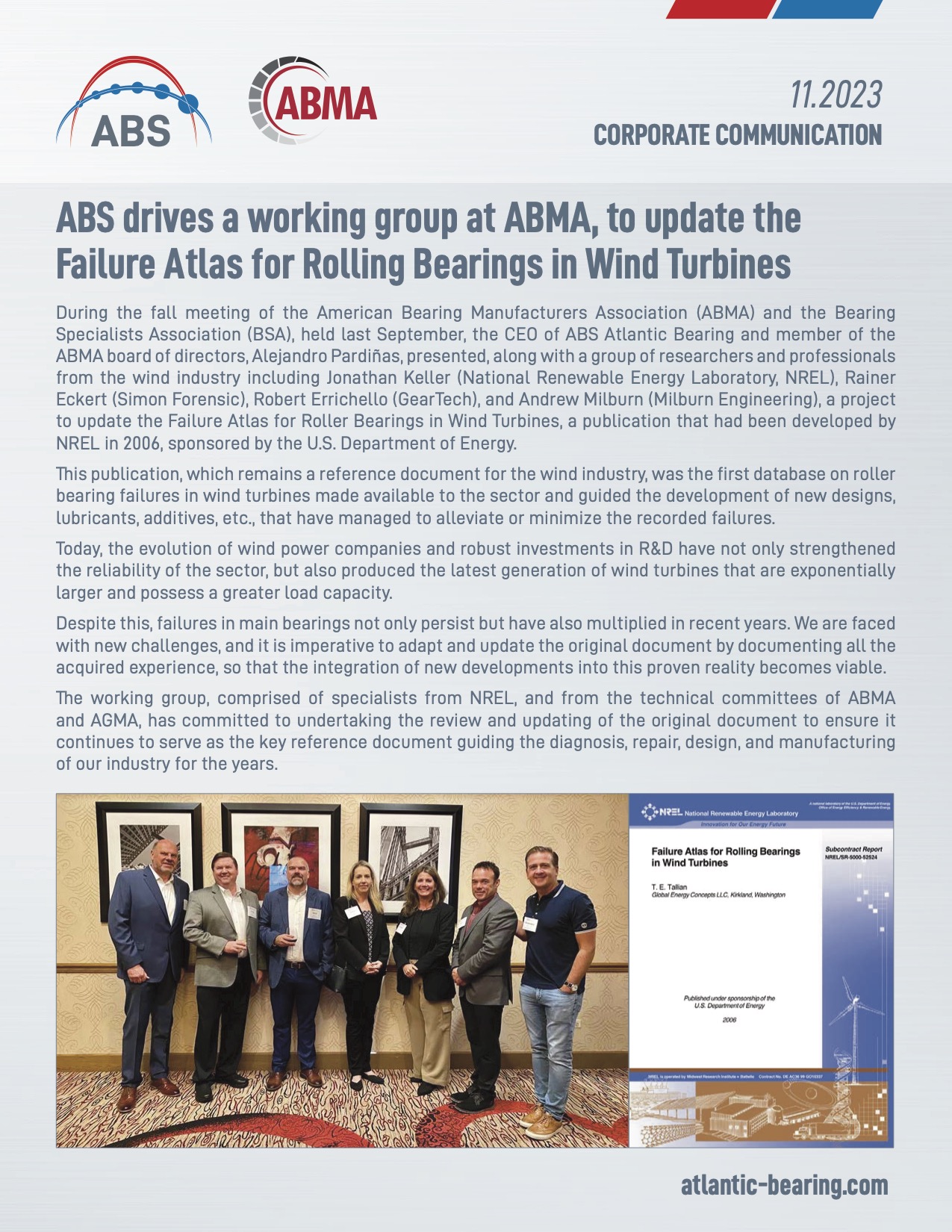 ABS drives a working group at ABMA, to update the Failure Atlas for Rolling Bearings in Wind Turbines