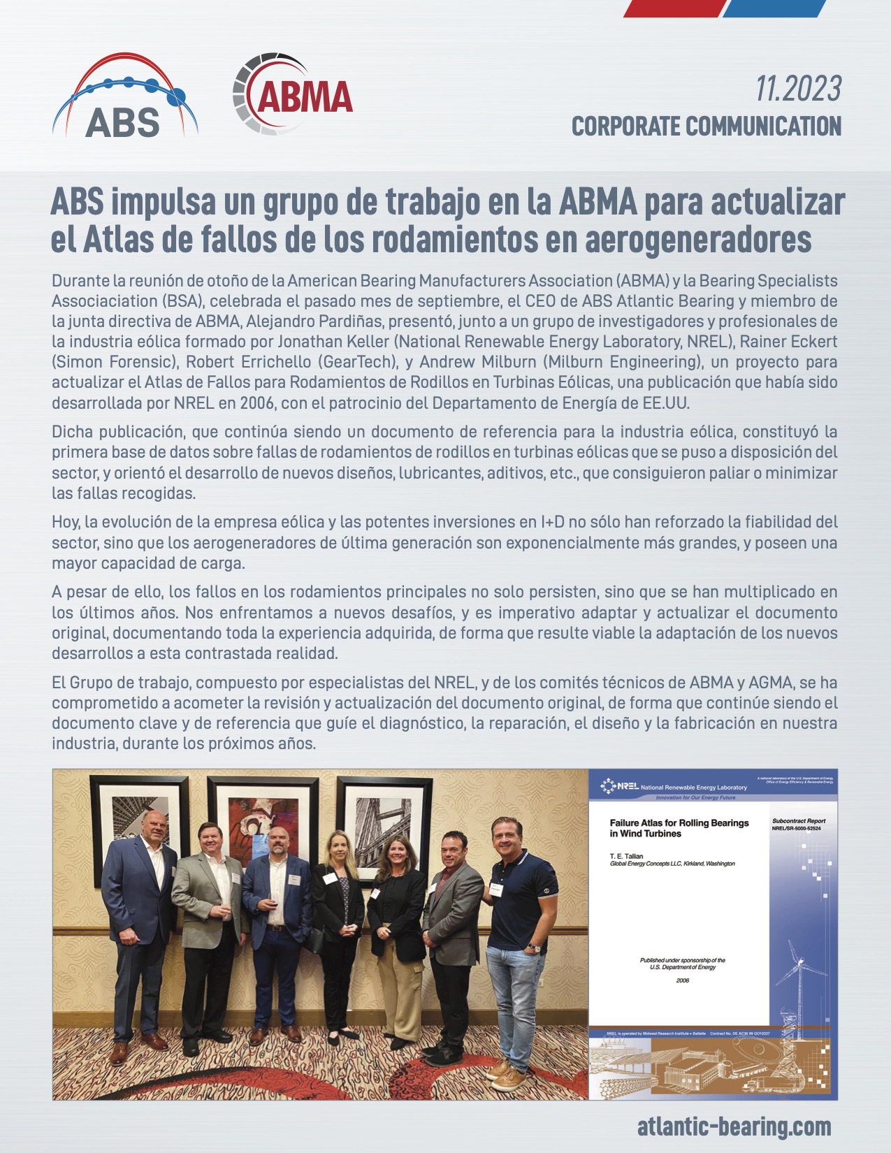 ABS impulsa un grupo de trabajo en la ABMA para actualizar el Atlas de fallos de los rodamientos en aerogeneradores