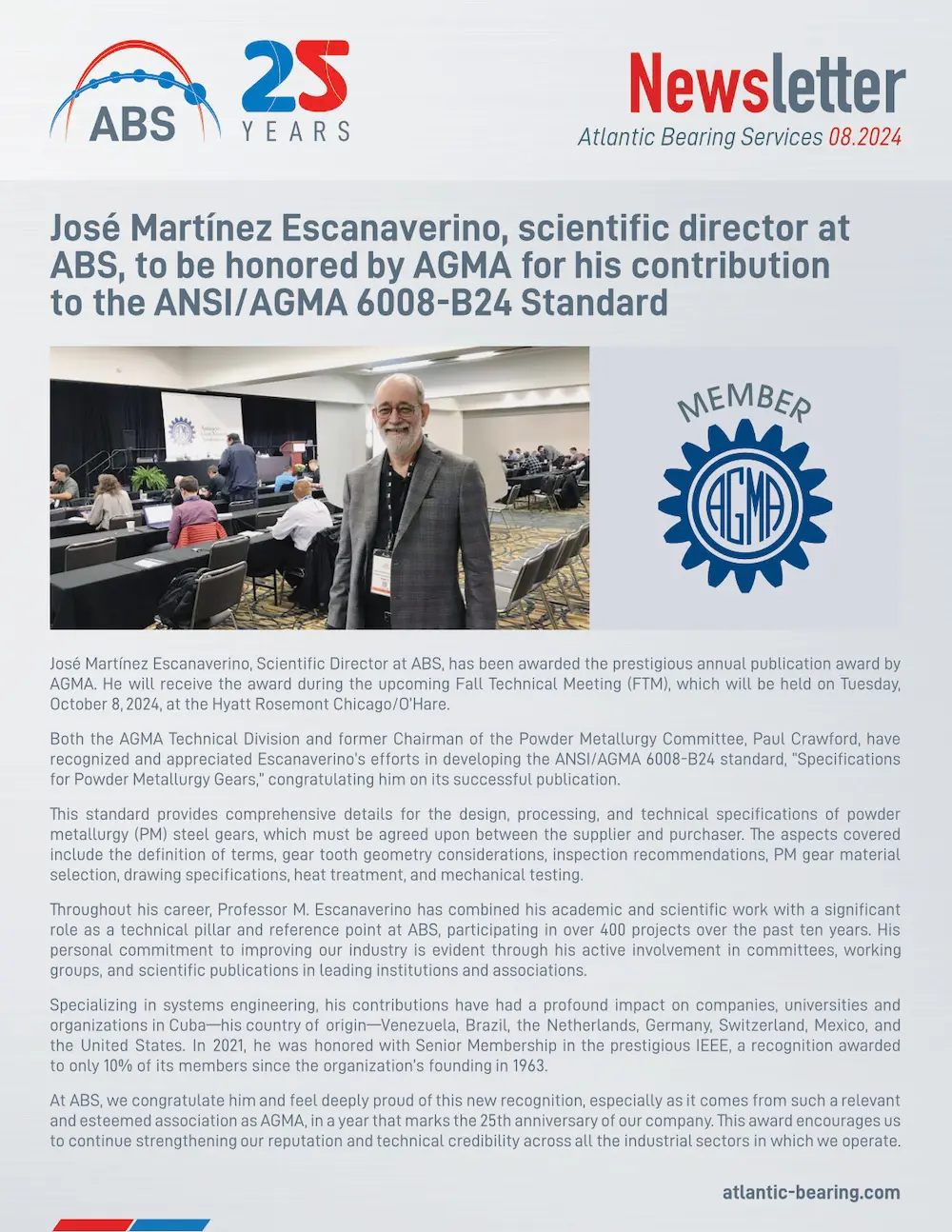 José Martínez Escanaverino scientific director at ABS honored for his contribution to the ANSI AGMA 6008/B24 Standard