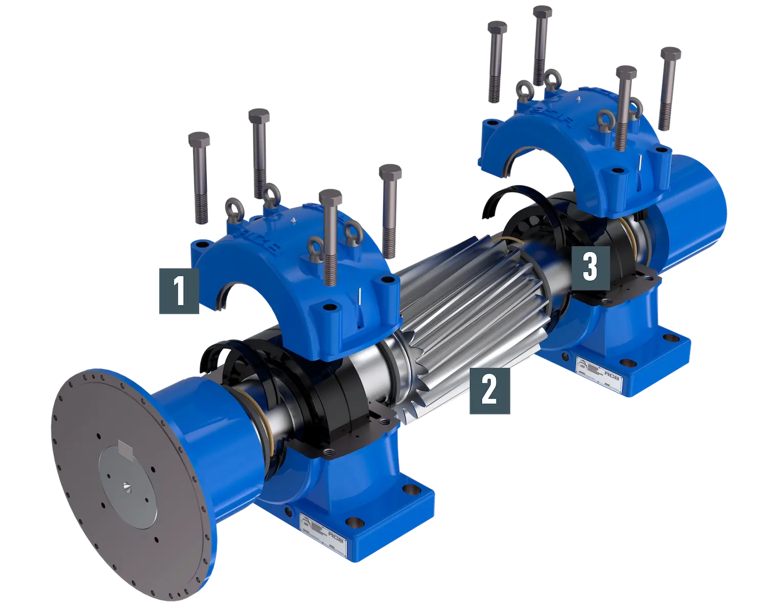 Exploded view of driven shaft pinion assembly with integrated BX-coated spherical roller bearing for SAG and ball mill drive systems