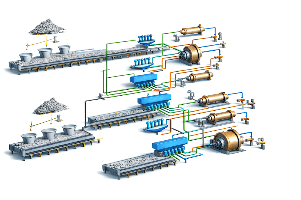Schematic diagram of SAG and ball mill grinding circuit showing conveyors, mill drives, lubrication lines, and process flow within a copper concentrator