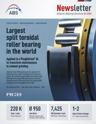 Split bearing solution for Plug&Grind® XL cement mill showing SRB and world’s largest split toroidal roller bearing (Ø 950 mm)
