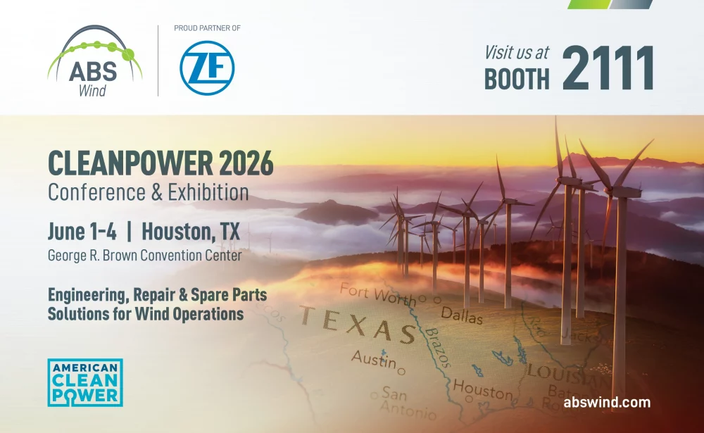 Promotional banner for ABS Wind at CLEANPOWER 2026 Conference & Exhibition in Houston, Texas, June 1–4. Features wind turbines at sunrise, a Texas map, and booth number 2111.