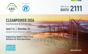 Promotional banner for ABS Wind at CLEANPOWER 2026 Conference & Exhibition in Houston, Texas, June 1–4. Features wind turbines at sunrise, a Texas map, and booth number 2111.