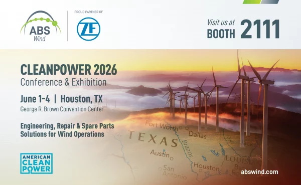 Promotional banner for ABS Wind at CLEANPOWER 2026 Conference & Exhibition in Houston, Texas, June 1–4. Features wind turbines at sunrise, a Texas map, and booth number 2111.