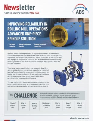One-piece spindle with split cylindrical roller bearing solution for steel rolling mills