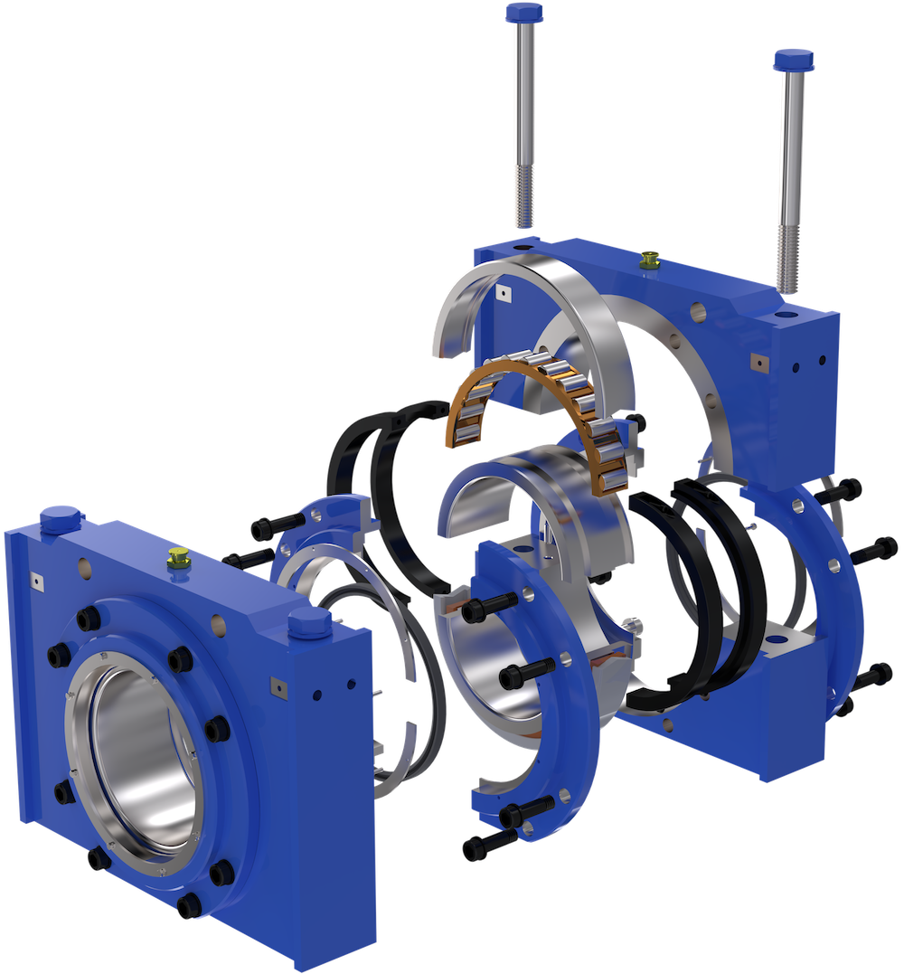 Exploded view of spindle assembly with split cylindrical roller bearing and housing