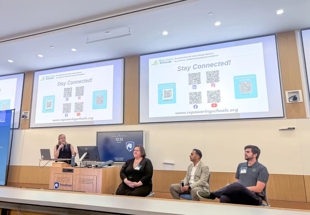 Industry panel discussion at Penn State’s 2026 Collegiate Wind Competition featuring renewable energy professionals speaking with students about wind manufacturing and workforce development.