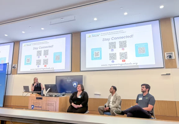 Industry panel discussion at Penn State’s 2026 Collegiate Wind Competition featuring renewable energy professionals speaking with students about wind manufacturing and workforce development.