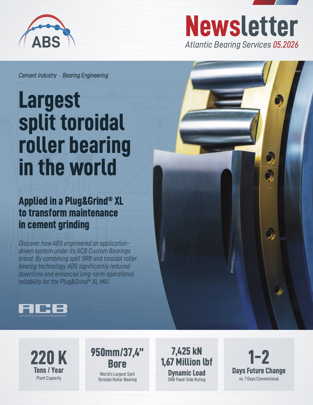 Split bearing solution for Plug&Grind® XL cement mill showing SRB and world’s largest split toroidal roller bearing (Ø 950 mm)
