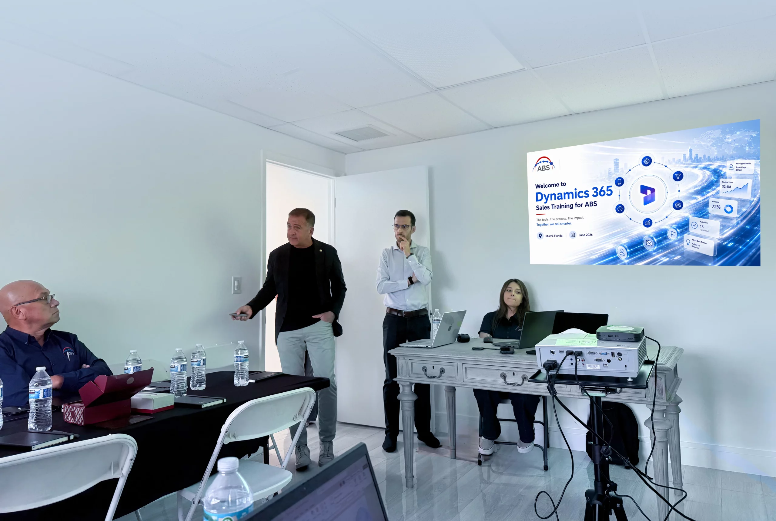ABS CEO Alejandro Pardiñas delivers the opening remarks during a Microsoft Dynamics 365 CRM training session attended by the company's engineering and commercial teams.