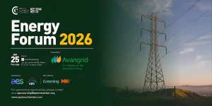 Promotional banner for Energy Forum 2026 organized by the Spain-US Chamber of Commerce, featuring Avangrid as Presenting Sponsor and ABS as Gold Sponsor alongside AES. The event takes place on June 25, 2026, in Miami and focuses on the future of the energy sector.