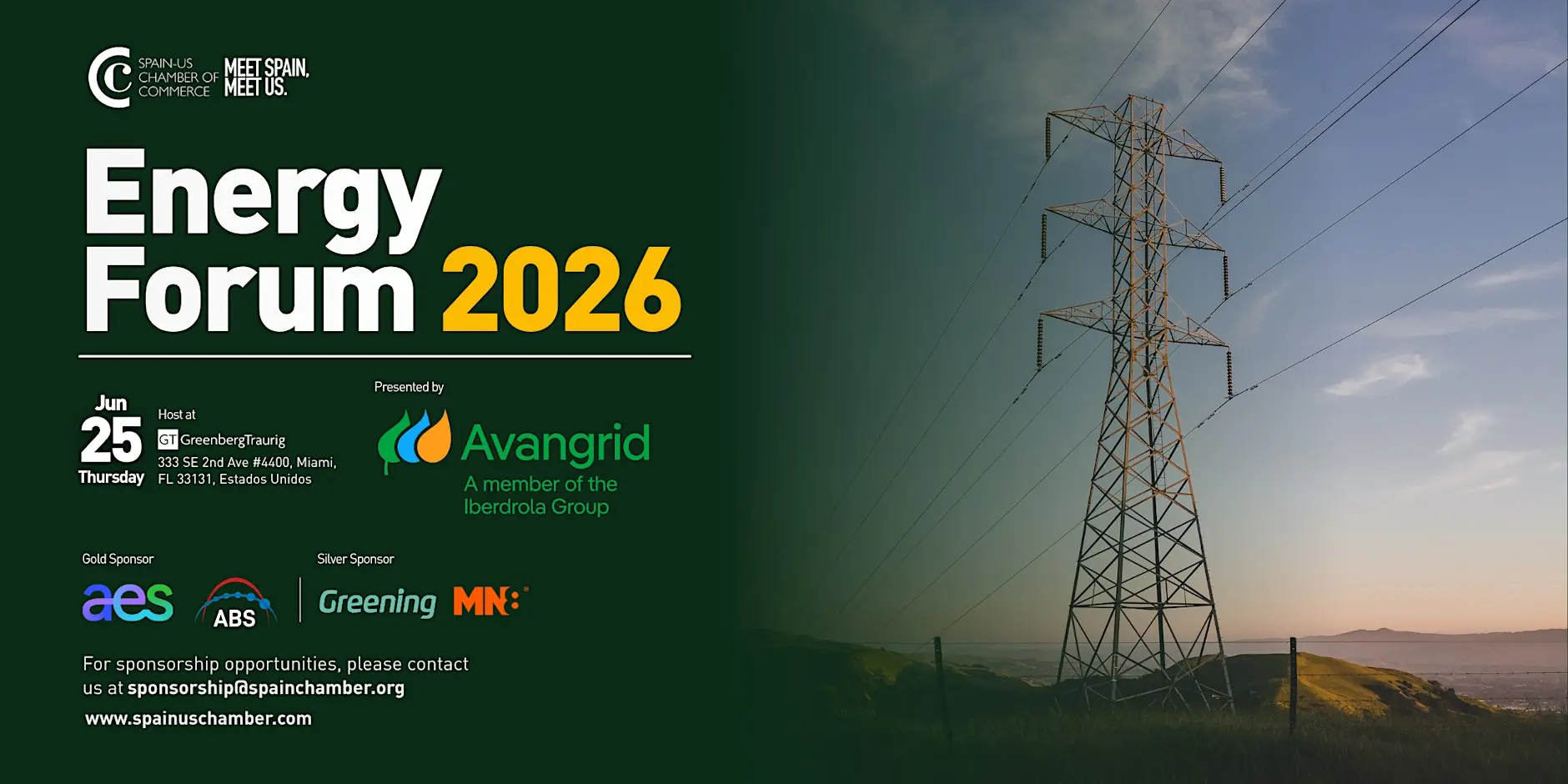 Promotional banner for Energy Forum 2026 organized by the Spain-US Chamber of Commerce, featuring Avangrid as Presenting Sponsor and ABS as Gold Sponsor alongside AES. The event takes place on June 25, 2026, in Miami and focuses on the future of the energy sector.
