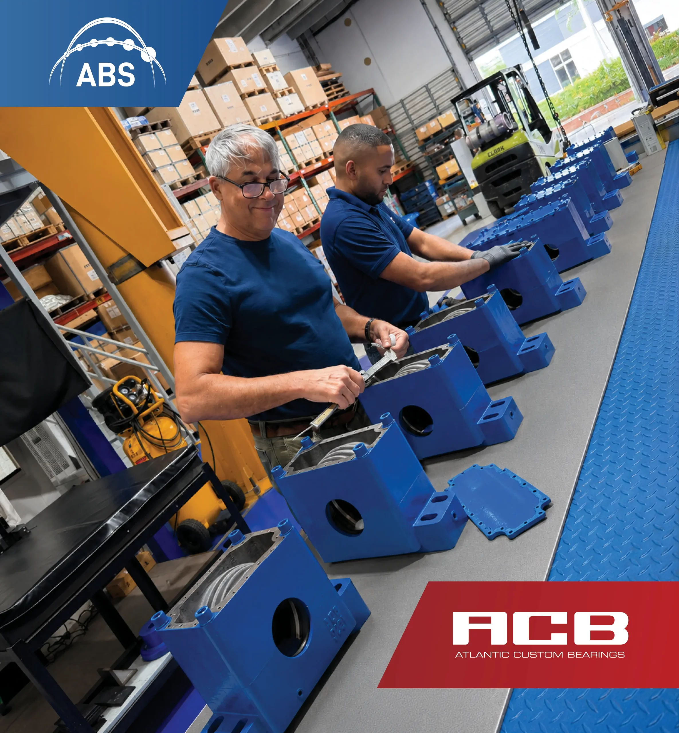 ACB technicians assembling and inspecting custom-engineered bearing housings at the company's manufacturing and assembly facility.