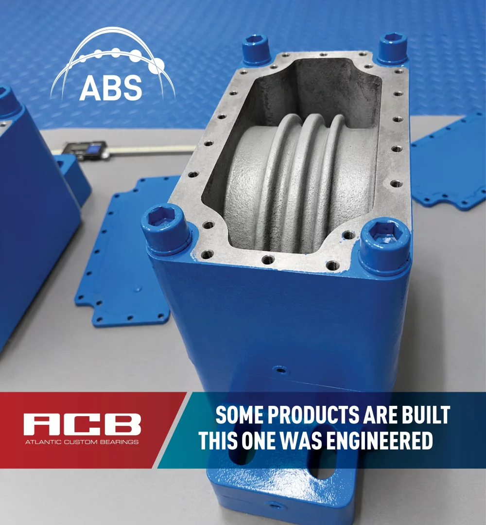 Cross-sectional view of an ACB custom-engineered bearing housing featuring proprietary internal cooling channels developed to improve thermal performance in continuous casting steel mill applications.