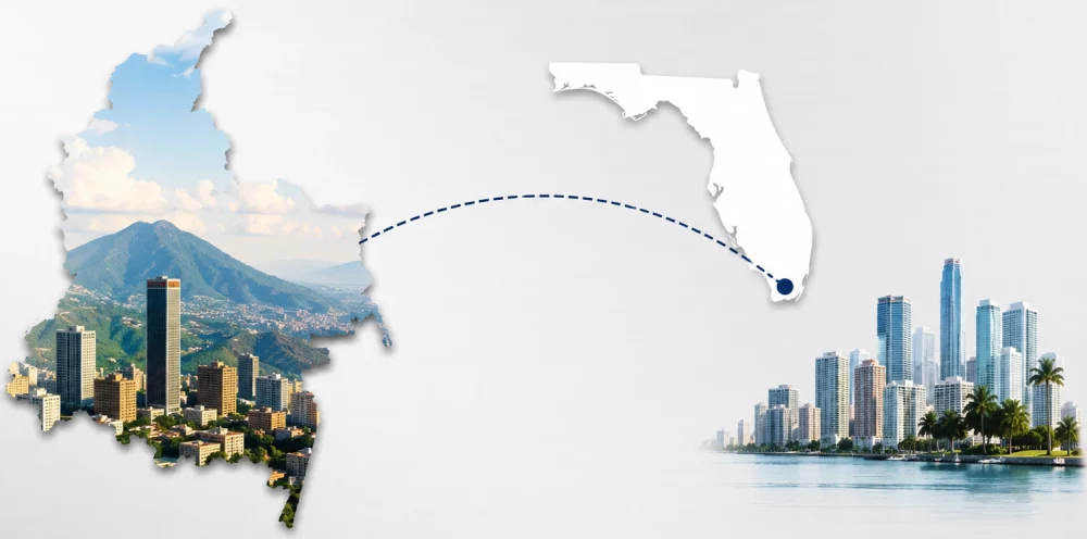 Illustration showing the economic connection between Colombia and Florida, featuring a map of Colombia filled with a cityscape and mountain landscape, linked by a dotted line to the outline of Florida and the Miami skyline.