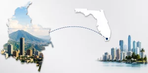 Illustration showing the economic connection between Colombia and Florida, featuring a map of Colombia filled with a cityscape and mountain landscape, linked by a dotted line to the outline of Florida and the Miami skyline.