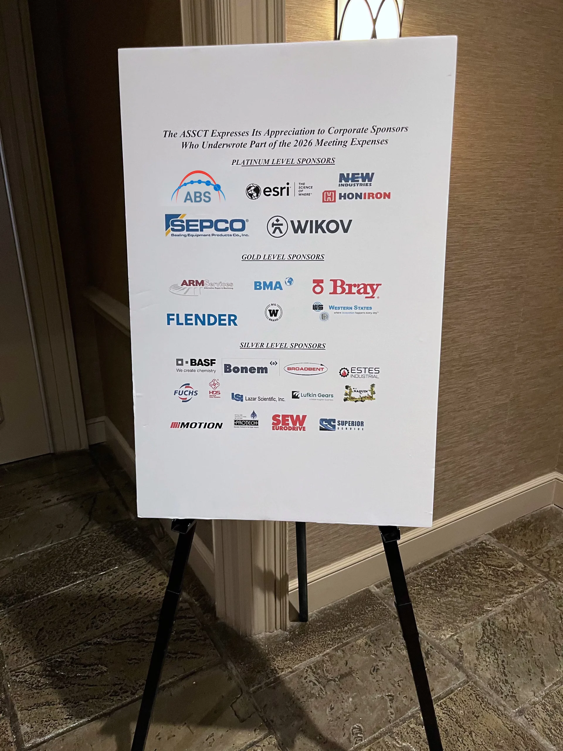 ASSCT 2026 sponsor recognition board featuring ABS as a Platinum Sponsor.