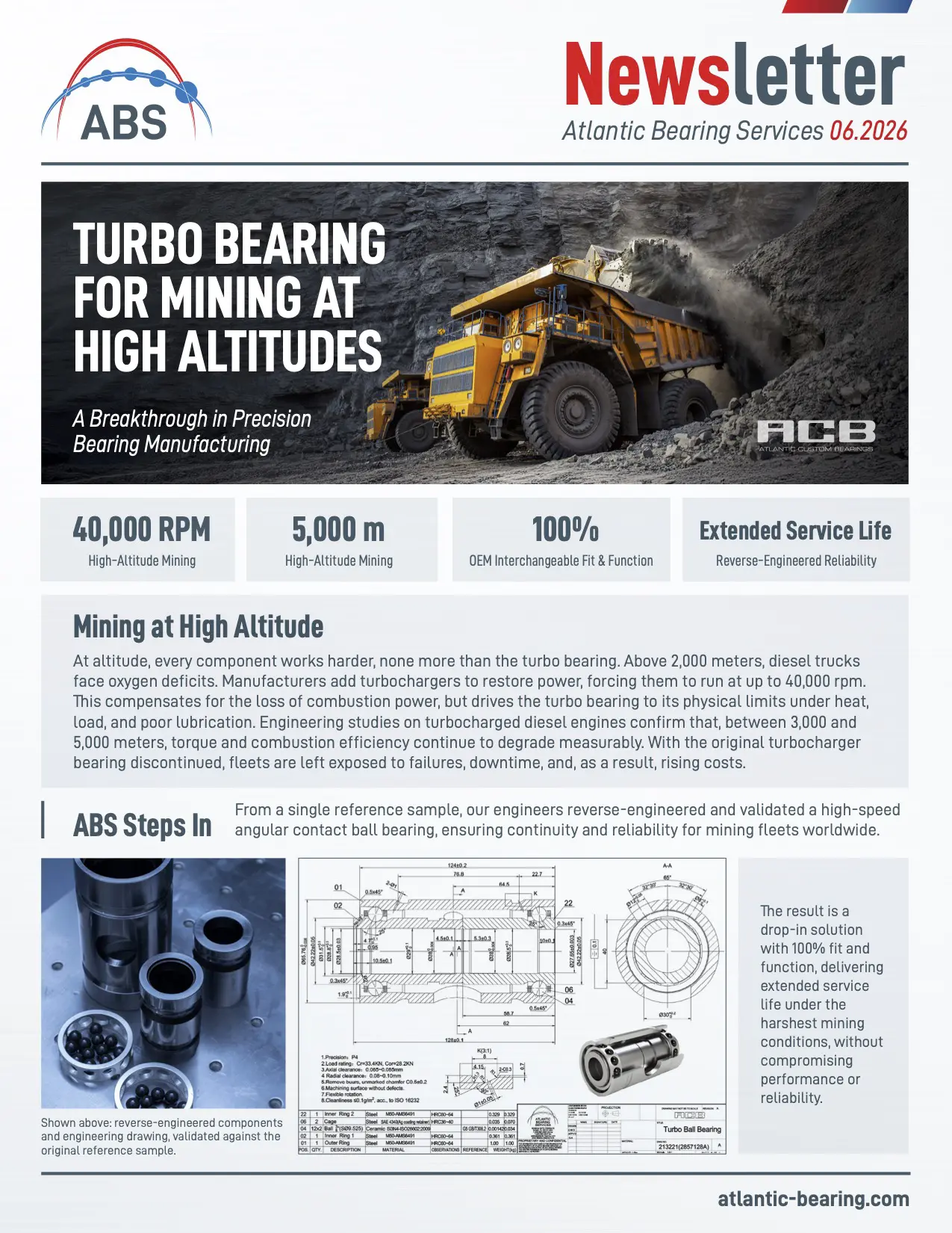Mining haul truck operating at high altitude, highlighting the demanding conditions that require a high-performance turbo bearing solution.