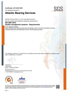 SGS ISO 9001:2015 Quality Management System certification renewed for Atlantic Bearing Services through 2029.