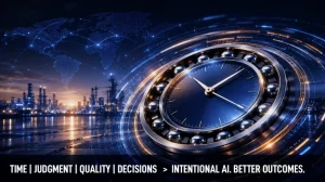 Industrial clock surrounded by a bearing, symbolizing intentional AI, better decision-making, and digital transformation in industry.
