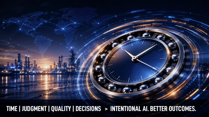 Industrial clock surrounded by a bearing, symbolizing intentional AI, better decision-making, and digital transformation in industry.