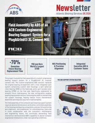 ABS field assembly of a custom split bearing support system for a Plug&Grind XL cement mill